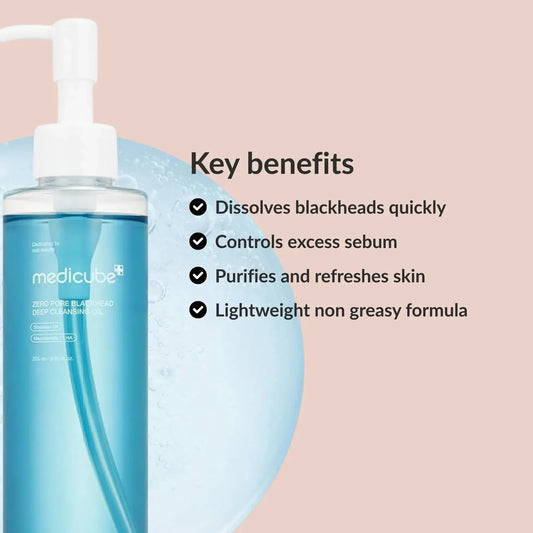 Medicube Zero Pore Blackhead Deep Cleansing Oil key benefits for removing impurities, blackheads and excess oil