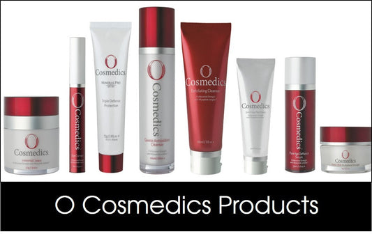 O Cosmedics skincare range in red and white bottles, tubes and jars on a white background.