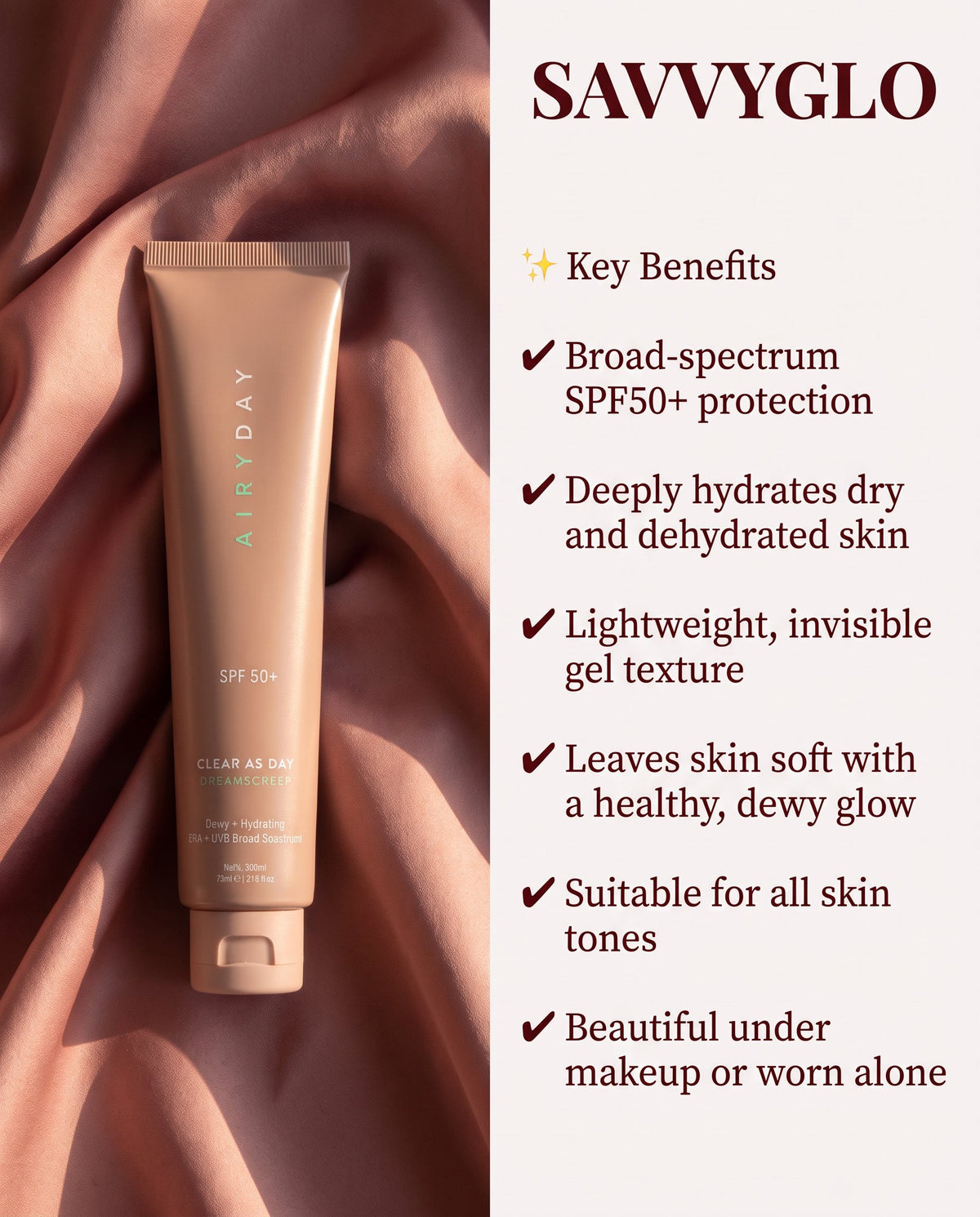 Clear as Day SPF50+ Dreamscreen 75ml key benefits
