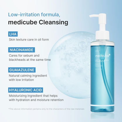Medicube Zero Pore Blackhead Deep Cleansing Oil key ingredients including LHA, niacinamide, guaiazulene and hyaluronic acid