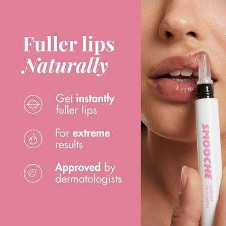 Infographic detailing the benefits of Smooche Extreme Lip Plumper, highlighting lip volumizing, hydration, and high-shine gloss finish.