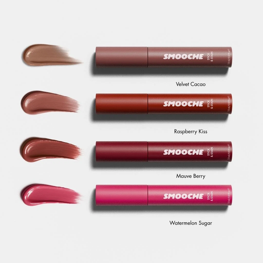 Smooche Stick & Stain peel-off lip stain in four shades: Velvet Cacao, Raspberry Kiss, Mauve Berry and Watermelon Sugar 
