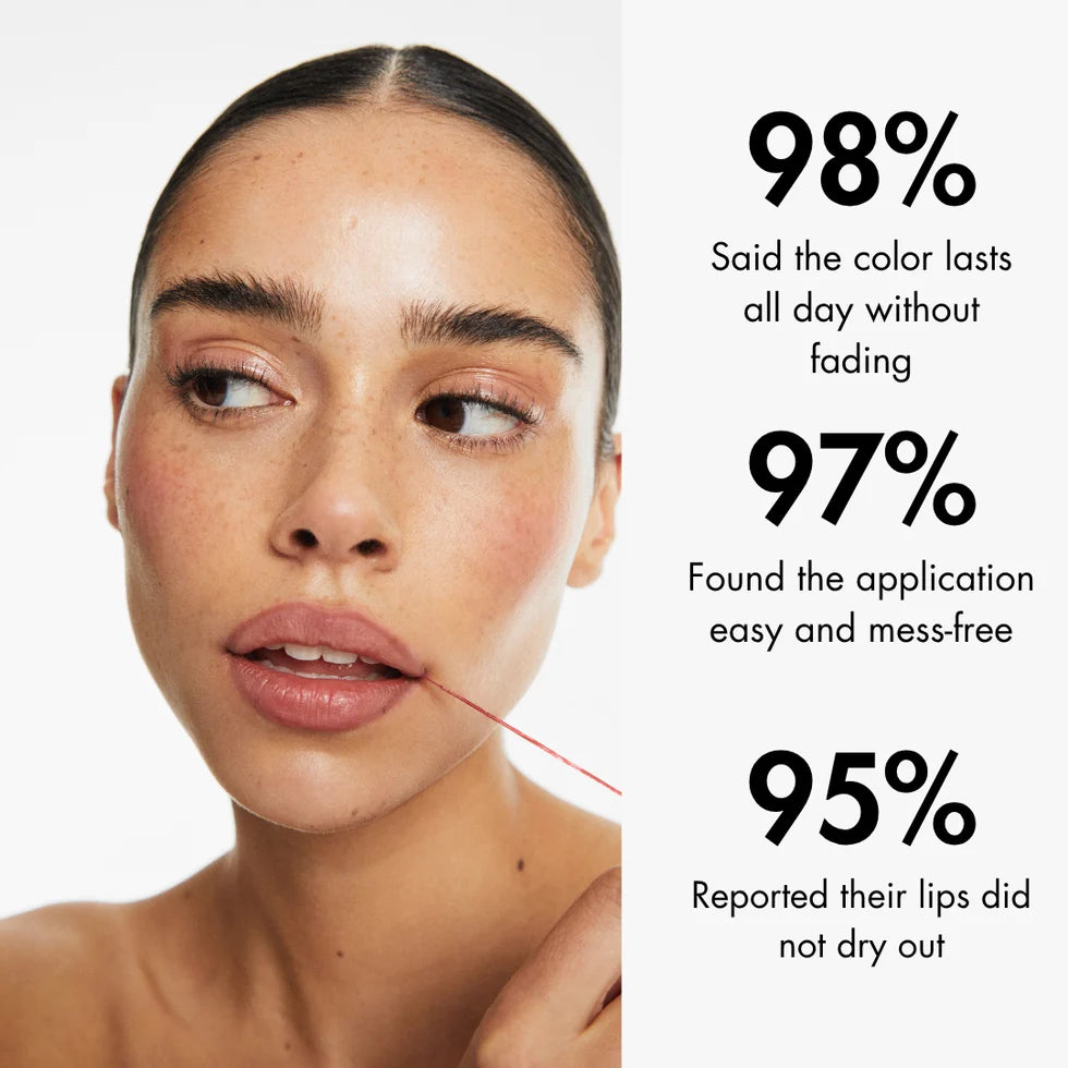 Smooche Stick & Stain lip stain with customer feedback showing long-lasting colour, easy application and comfortable lips