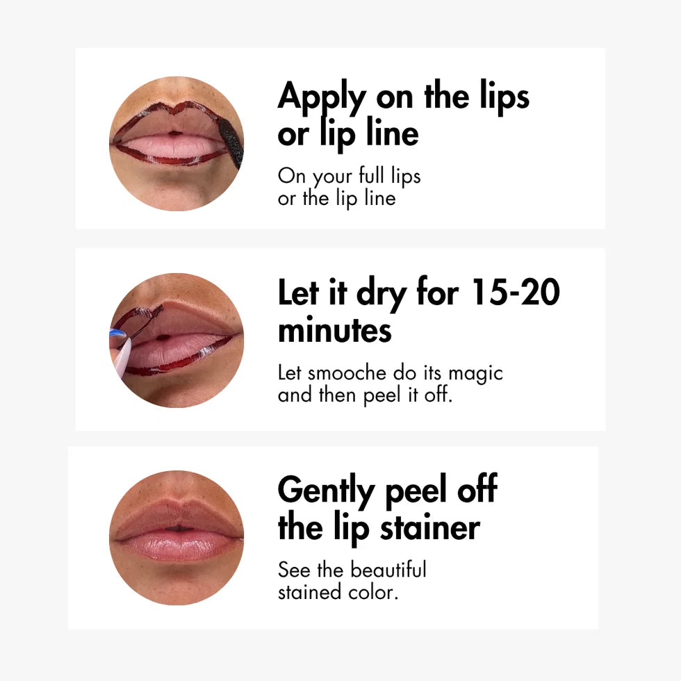 Smooche Stick & Stain peel-off lip stain application instructions