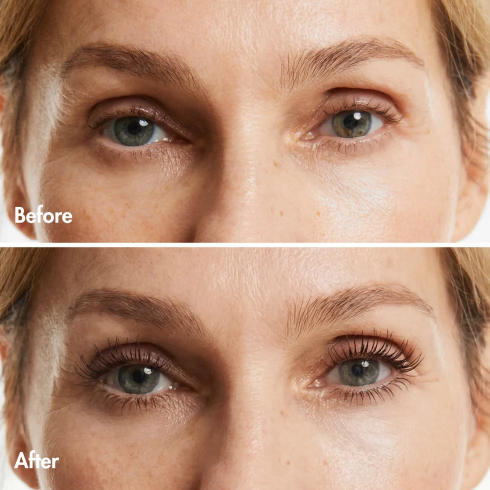 Split-screen close-up of eyelashes before and after applying Smooche Mascara, displaying a volumised and lifted effect.