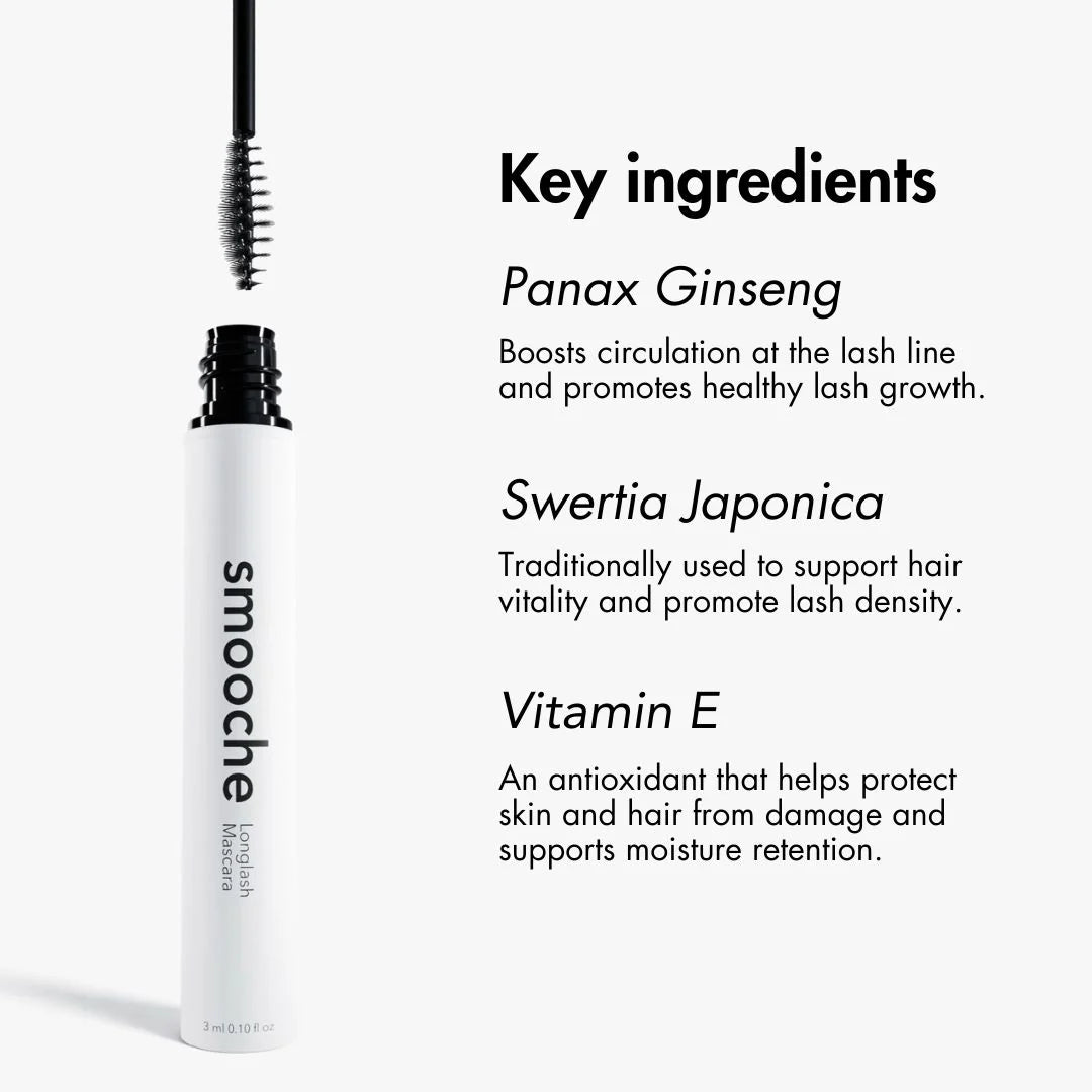 Smooche Mascara brush wand pulled out of the black tube to display the applicator tip.