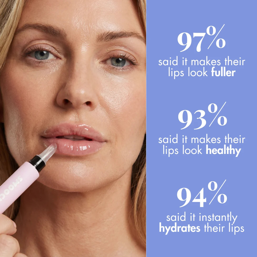 Smooche Normal Lip Plumper applied to lips for a fuller, hydrated and glossy-looking finish
